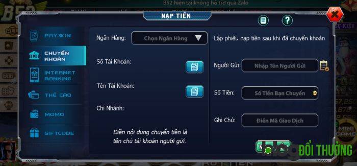 Cửa sổ hiện ra các phương thức giao dịch