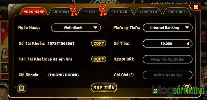 Nạp tiền Go88 qua ngân hàng