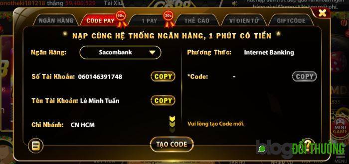 Nạp tiền Go88 qua Tạo mã code giao dịch