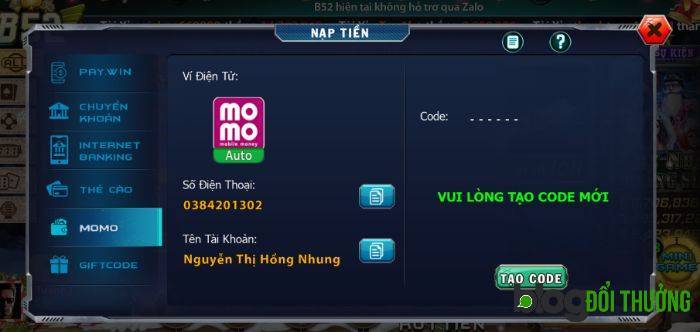 Chọn Momo sau đó nhấn Tạo code