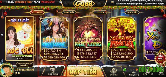 Chọn rút tiền Go88 bên trái khu vực nạp tiền