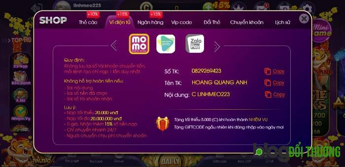 Nạp tiền Choáng Game bằng ví điện tử