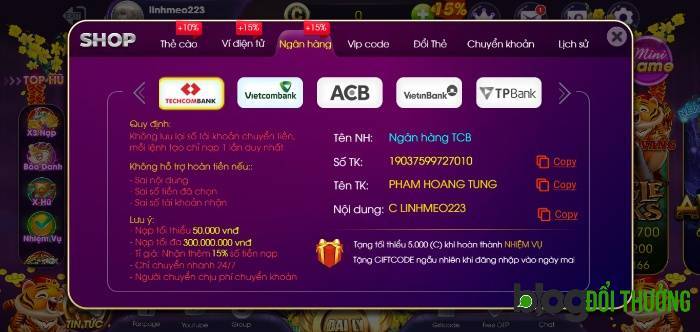 Nạp tiền Choáng Game bằng ngân hàng