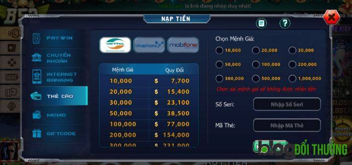Nạp tiền B52 qua thẻ cào