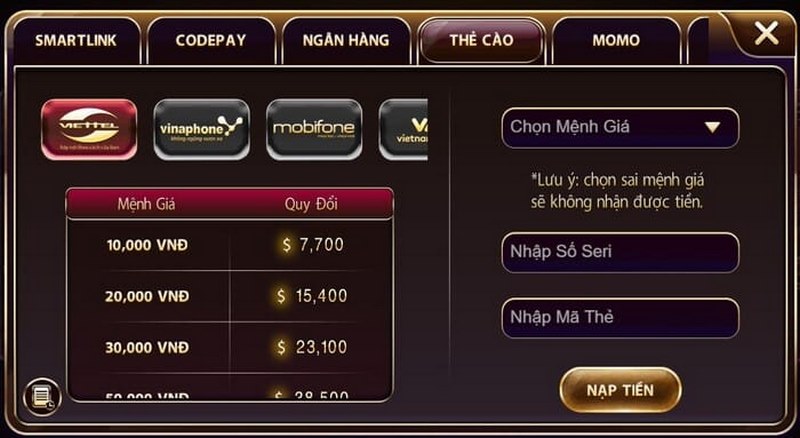 Nạp tiền đa dạng hình thức, tốc độ cao tại cổng đổi thưởng V8
