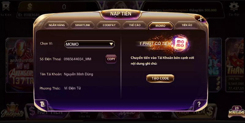 Giao dịch nạp rút tiền tại cổng trò chơi diễn ra khoảng 1 đến 2 phút