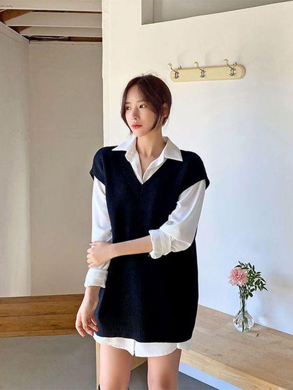 Áo gile oversize phối với áo sơ mi giấu quần