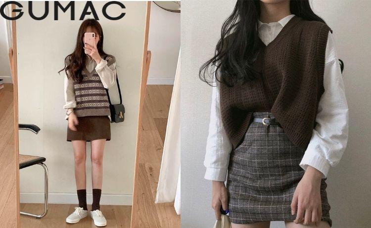 Áo gile phối với chân váy chữ A