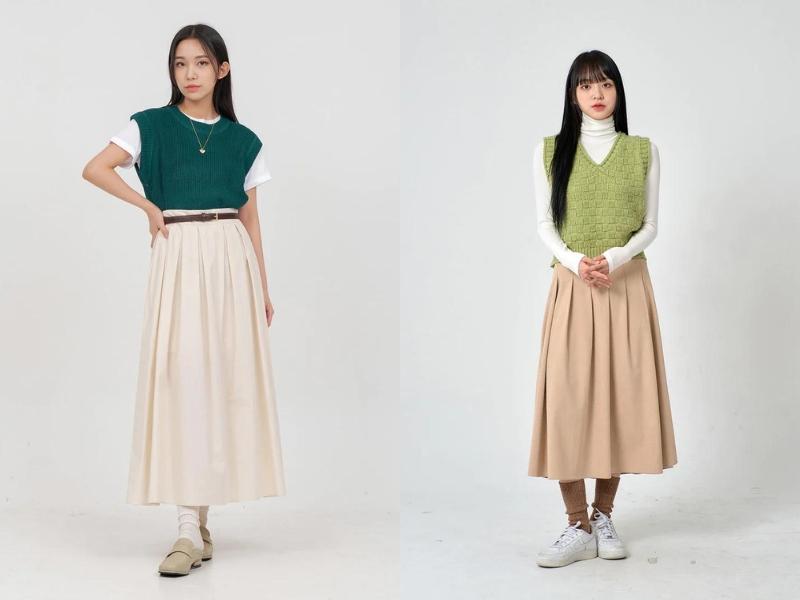 Áo gile phối với chân váy midi