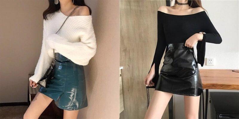 Chân váy da kết hợp áo trễ vai