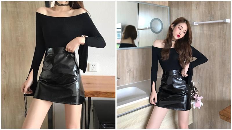 Chân váy da kết hợp áo trễ vai
