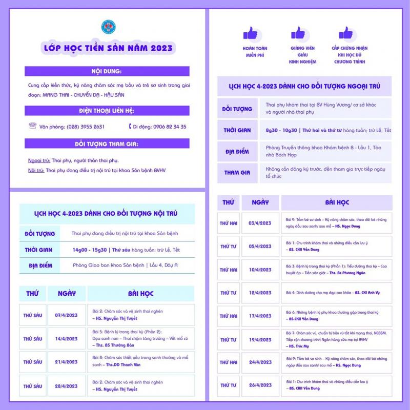 Lịch học lớp tiền sản tháng 4-2023