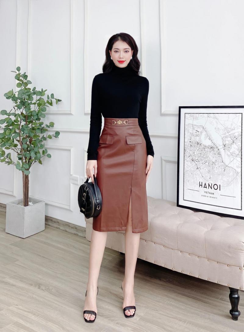 Chân váy da kết hợp áo len cổ lọ