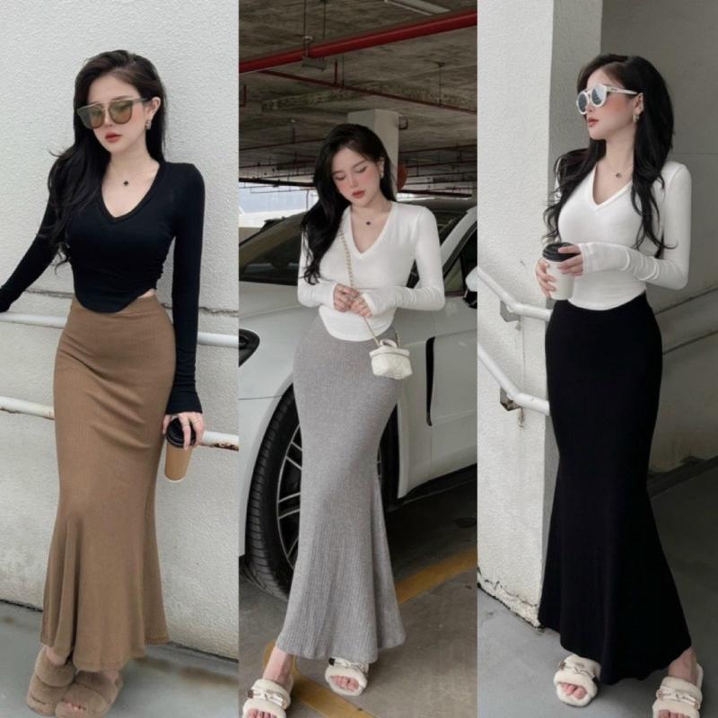Chân váy đuôi cá phối với áo body tay dài nữ tính