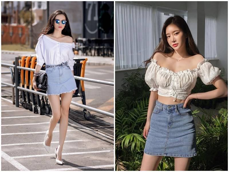 Chân váy jeans chữ A phối cùng áo croptop