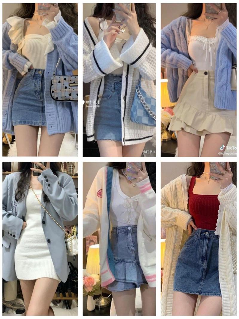 Chân váy ngắn phối với áo khoác cardigan