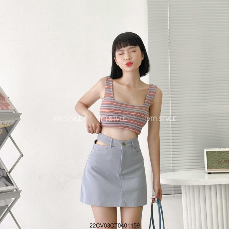 Chân váy ngắn xanh lá VMSTYLE form chữ A lưng bên phối kiểu chất kaki thun nhiều màu có quần trong 22CV03CT0401