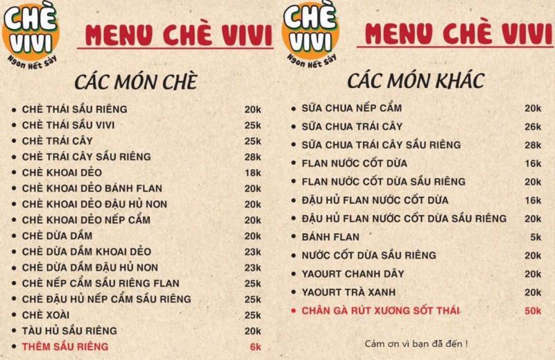 Menu Chè ViVi
