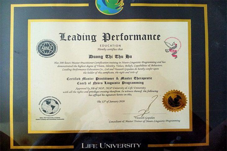 Chứng chỉ Master Coach NLP – bậc thầy thực hành và chuyên gia trị liệu ứng dụng NLP – chứng nhận bởi Uỷ ban NLP Hoa Kỳ (ABNLP).