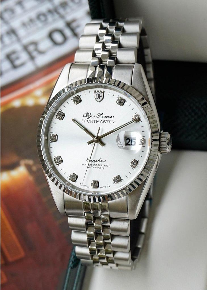 Đồng hồ nam dây kim loại mặt kính sapphire automatic Olym Pianus