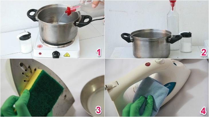 Làm sạch mặt bàn ủi bằng giấm và muối