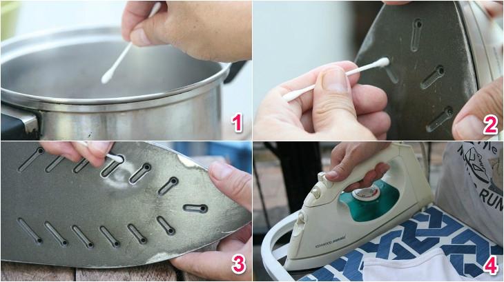 Làm sạch mặt bàn ủi bằng tăm bông