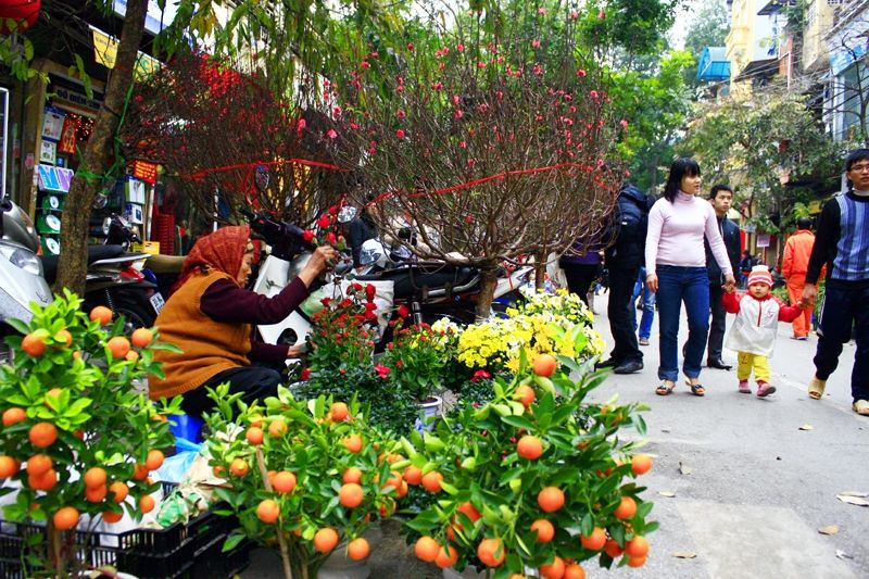 Chợ Tết dễ nhận thấy với sự xuất hiện của đào, quất, hoa