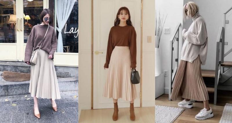Phối áo sweater và chân váy midi