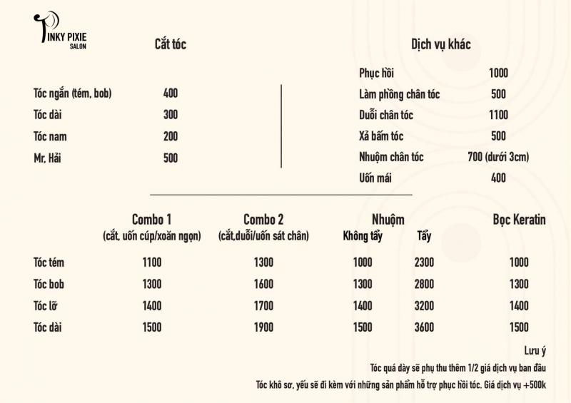 Bảng giá dịch vụ tại salon