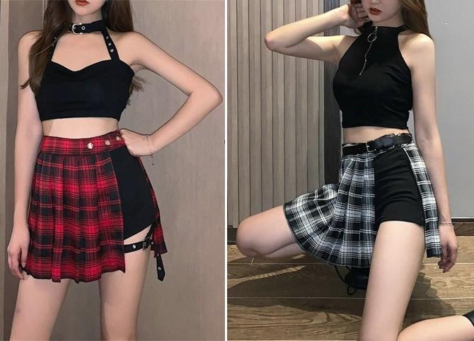 Quần giả váy kết hợp với áo croptop