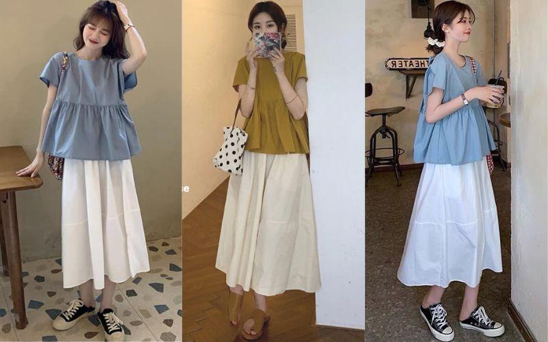 Quần giả váy phối cùng áo baby doll