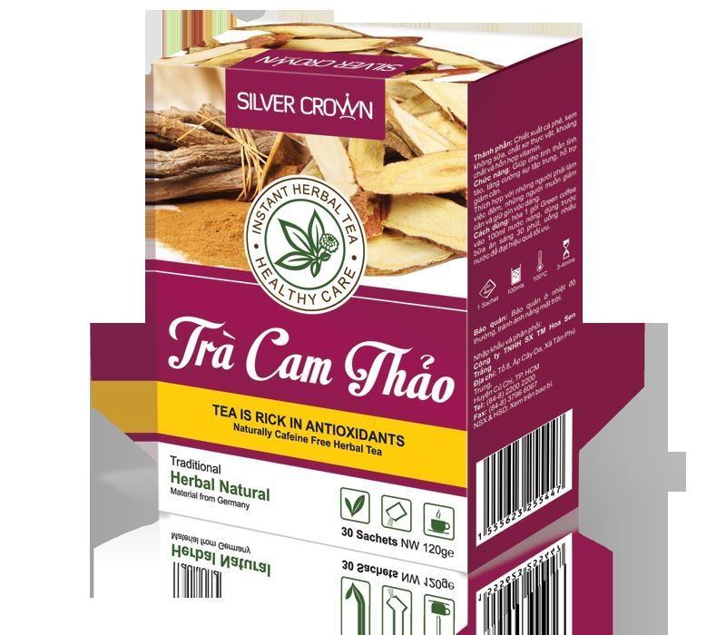 Trà cam thảo đóng hộp được bày bán trong siêu thị.
