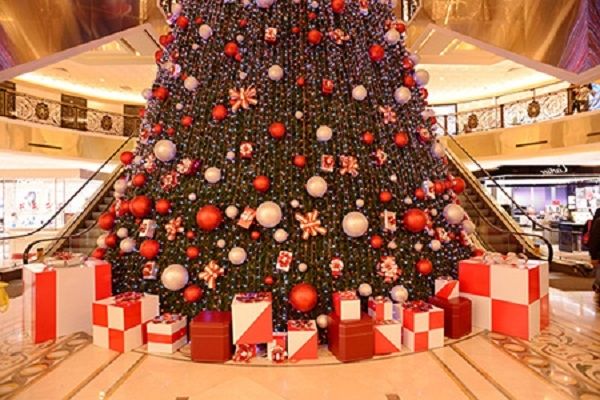 Cây thông to bự cùng với hộp quà được trang trí bắt mắt