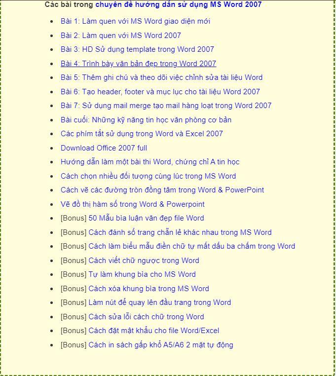Nội dung chuyên đề MS Word 2007 của Trung tâm Tin học