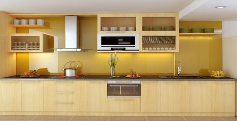 Tủ bếp hiện đại hình chữ I với gam màu tươi sáng