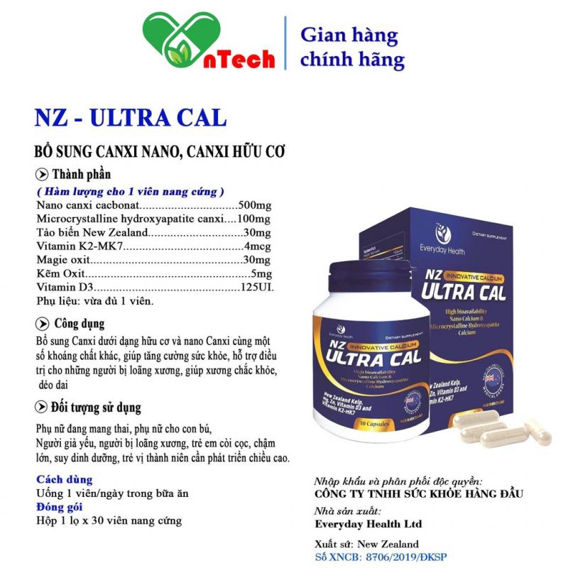 Viên uống Everyday Health NZ - Ultra Cal bổ sung canxi hữu cơ cho phụ nữ mang thai và người thiếu canxi hộp 30 viên